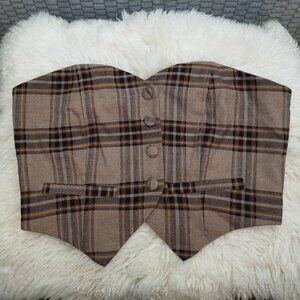 Plaid Strapless Corset Vest-Brown-Button Up-Waistcoat-Sweetheart Neckline-Sz L